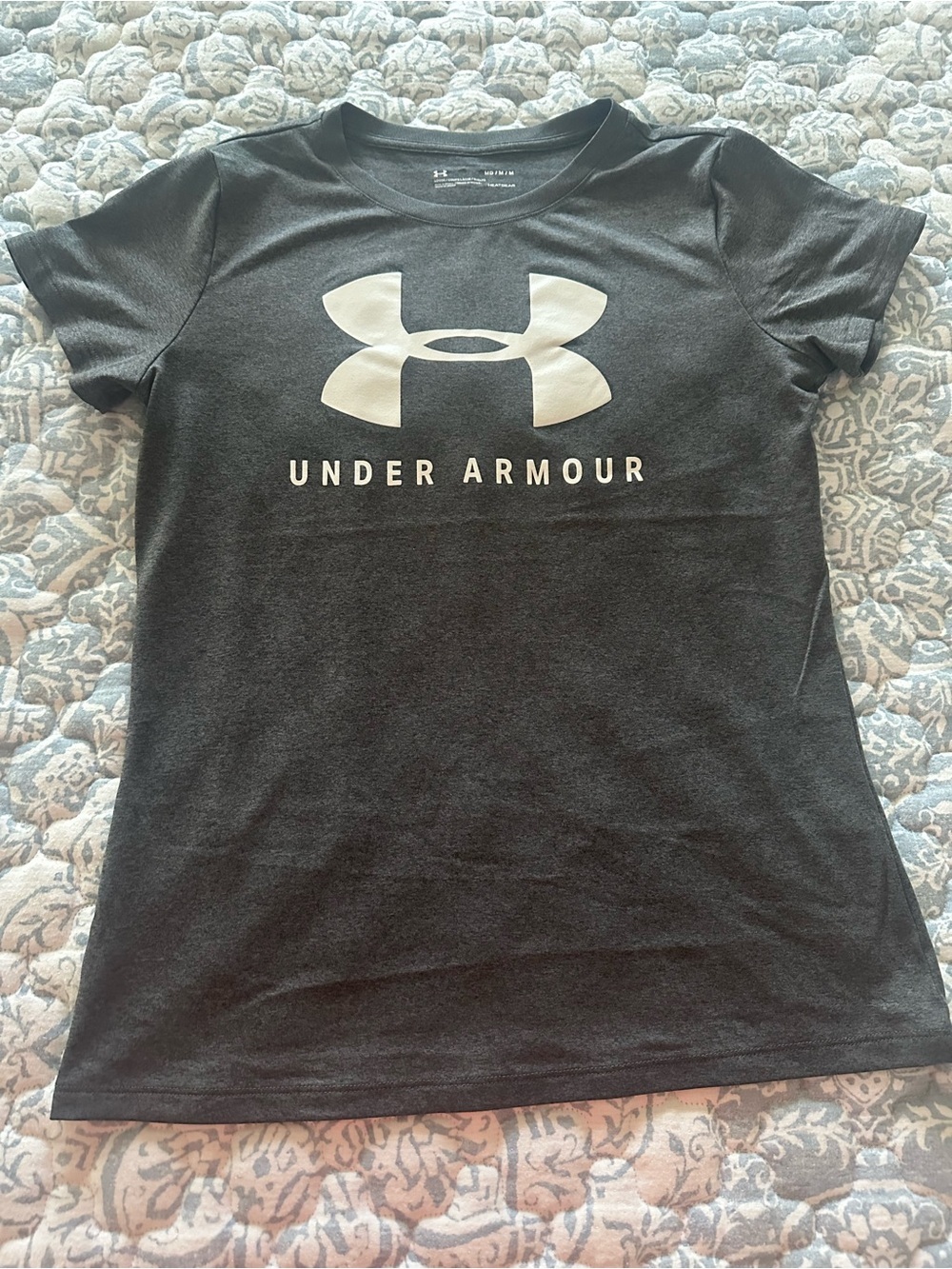 Under Armour Dark Gray Tee with Large White Logo women’s size M ( like new)